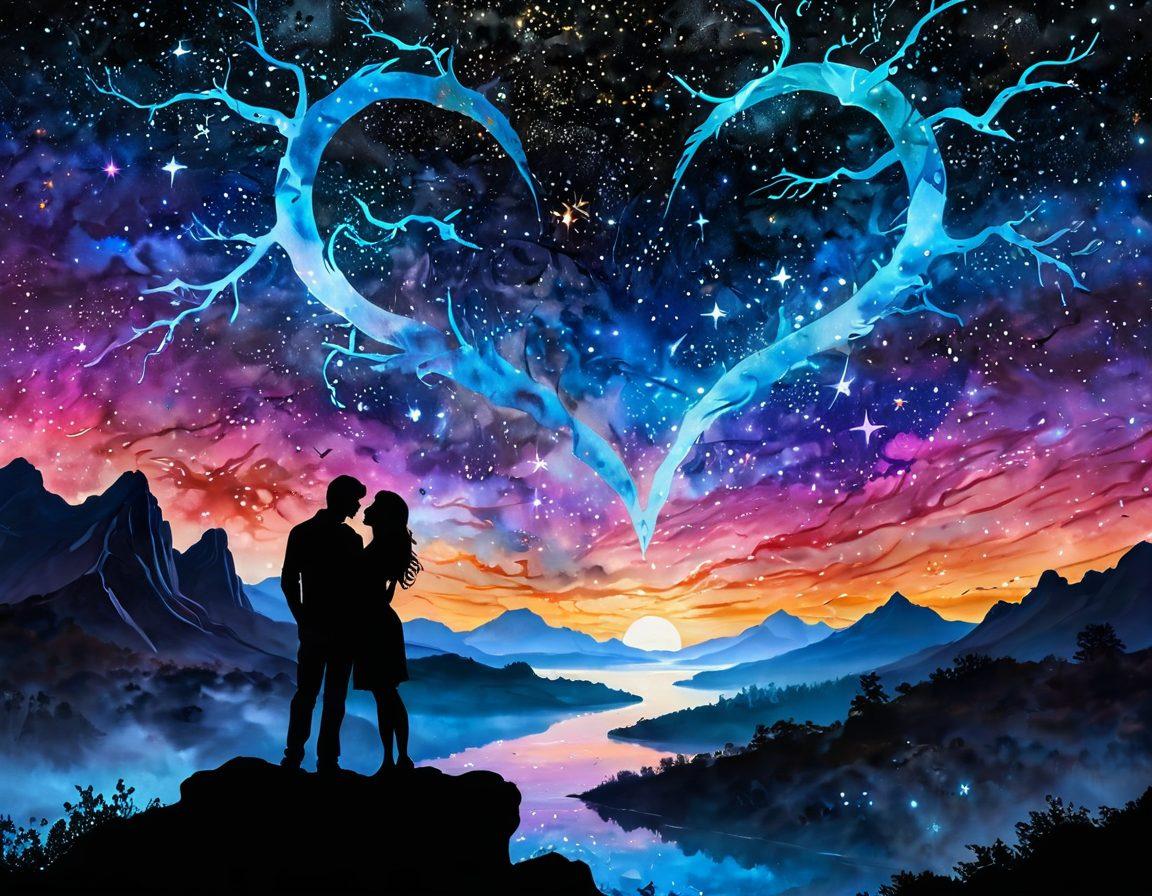 A celestial night sky filled with vibrant constellations representing each zodiac sign, interwoven with ethereal lines showcasing connections between them. Below, a mystical landscape with silhouettes of two lovers gazing up, their heart shapes made up of stars, symbolizing romantic compatibility. Soft glowing lights around the zodiac signs to enhance the cosmic theme. painting. vibrant colors. mystical atmosphere.