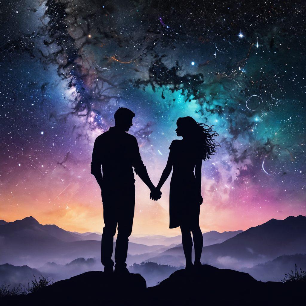 A whimsical night sky filled with constellations shaped like partner symbols, intertwining cosmic elements such as swirling galaxies and vibrant zodiac signs. Below, a couple gazes upward, holding hands, surrounded by celestial bodies that represent their compatibility. Use rich colors to evoke a sense of wonder and romance, with a dreamy, ethereal feel. cosmic style. vibrant colors. starry background.